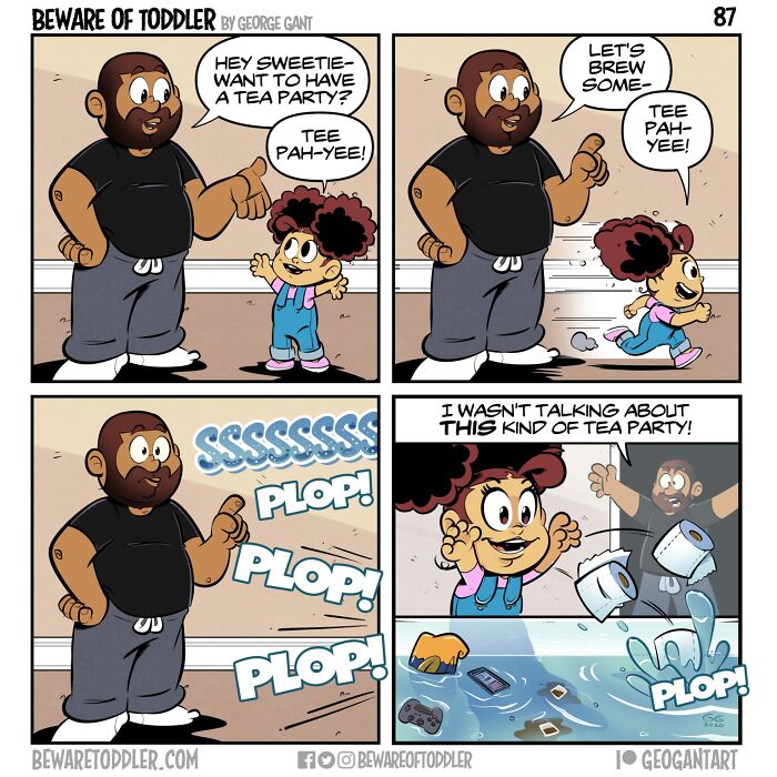 A comic showing a dad inviting his toddler to a tea party, only for the toddler to throw toys in the toilet.
