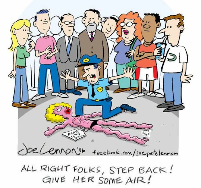 A Joe Lennon comic showing a police officer attending to an Acme Love Doll, surrounded by onlookers, creating an awkward moment.