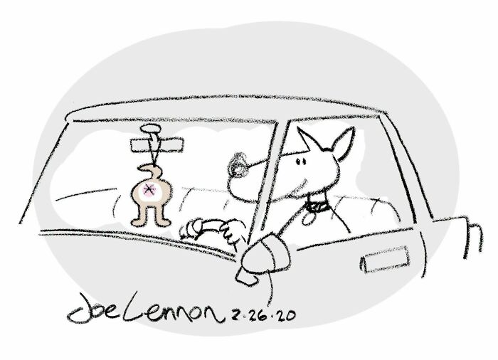 A Joe Lennon comic with an unexpected punchline: a dog driving a car with a rear-end shaped air freshener hanging from the mirror.