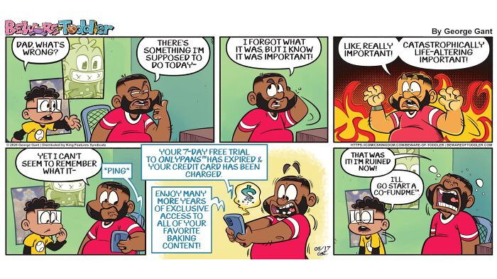 A comic strip showing a dad panicking about forgetting something important, only to realize his OnlyPans trial expired. Parenting a toddler.