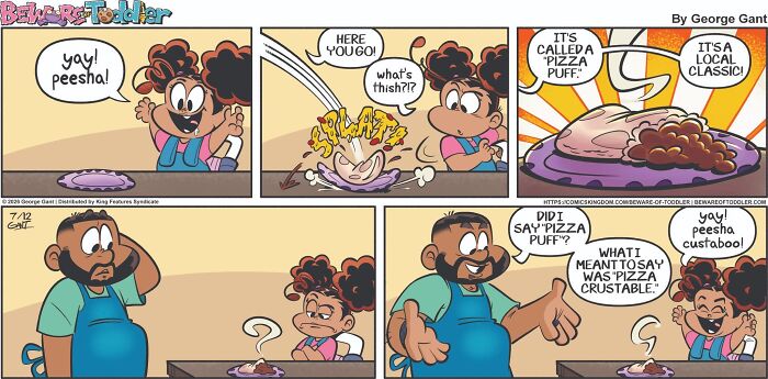 A comic strip about a dad trying to make a pizza puff for his toddler, but it turns out to be a pizza crustable. Parenting a toddler.