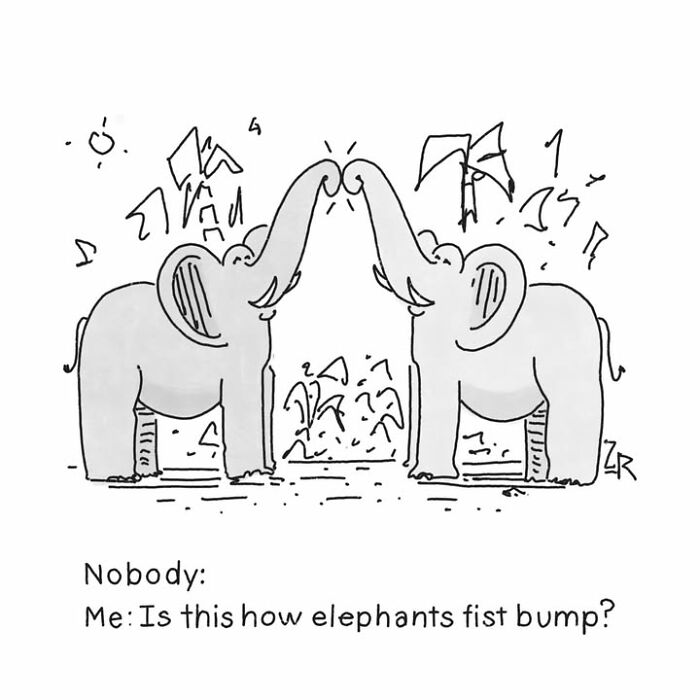 A comic of two elephants with their trunks touching, with text: Is this how elephants fist bump? Absurd comics.