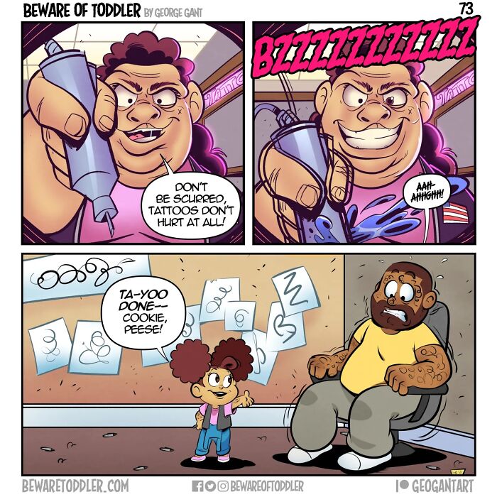 A comic of a dad pretending to give a tattoo to his toddler, then showing the toddler wants a cookie. Parenting a toddler.