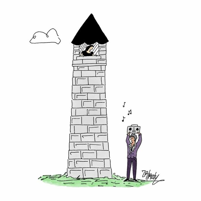 A comic of a man holding a boombox up to a woman in a tall tower. Absurd comics.