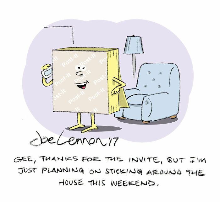 A Joe Lennon comic with a sentient Post-it note declining an invitation, an awkward moment.