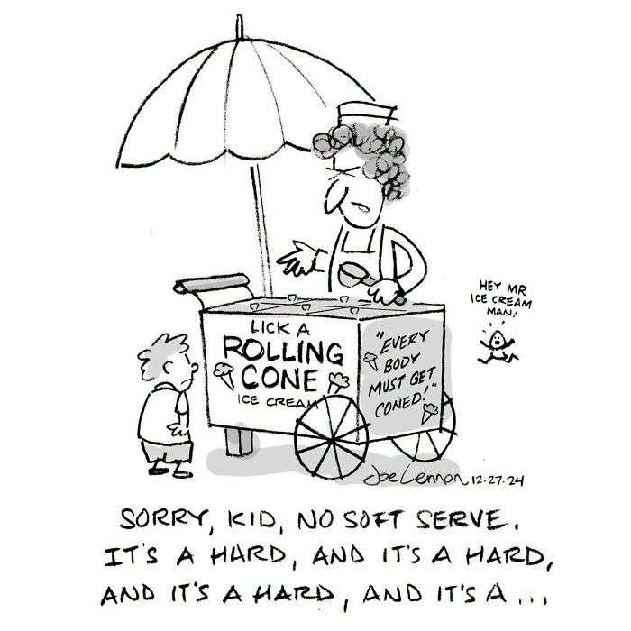 A Joe Lennon comic shows an ice cream man at a 'Rolling Cone' cart, telling a kid there's no soft serve, creating an awkward moment.