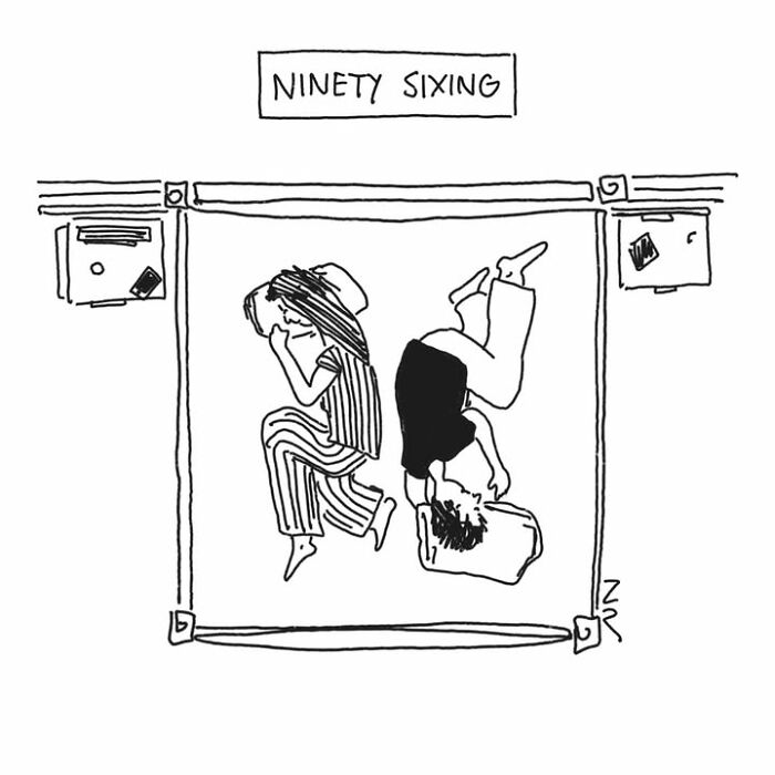 A comic titled Ninety Sixing, showing two people sleeping head to toe in a bed. Absurd comics.