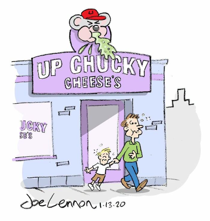 A Joe Lennon comic shows a father and son outside a restaurant called 'Up Chucky Cheese's,' with a mouse mascot vomiting, an awkward moment.
