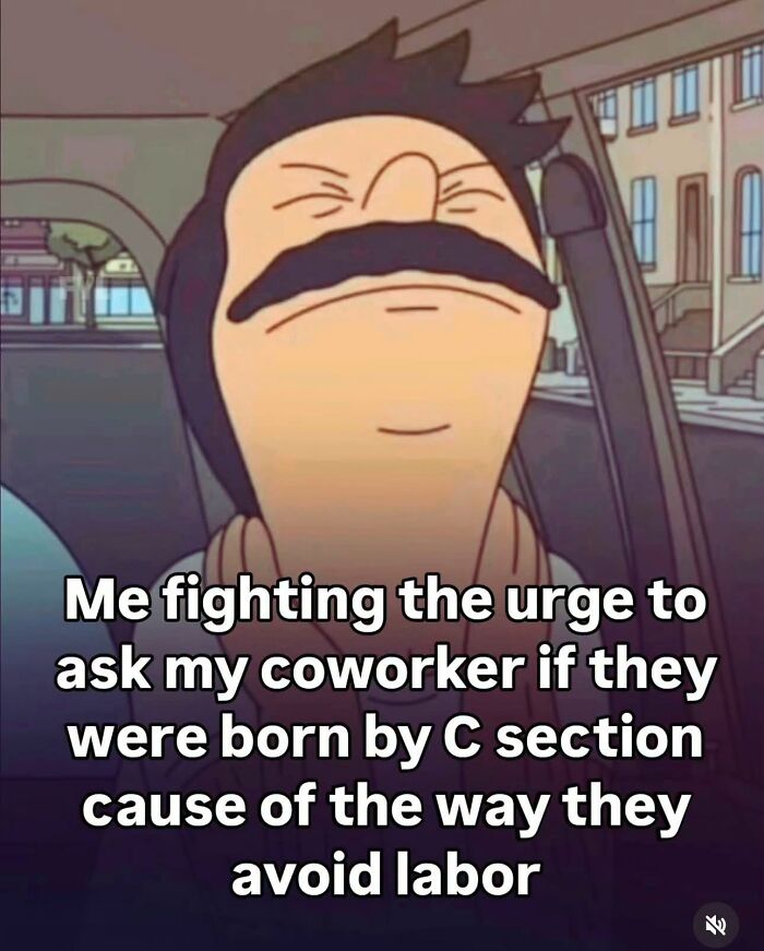 Cartoon man resisting urge to ask coworker about birth labor meme