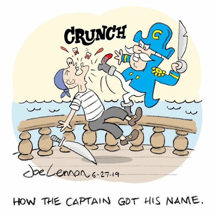 A Joe Lennon comic depicts a pirate getting his teeth knocked out by a captain, illustrating awkward moments and unexpected punchlines.