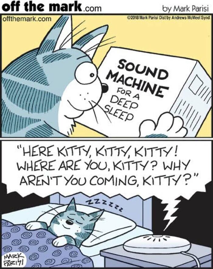 Amusing Mark Parisi comic about cat habits showing a cat using a sound machine to sleep deeply