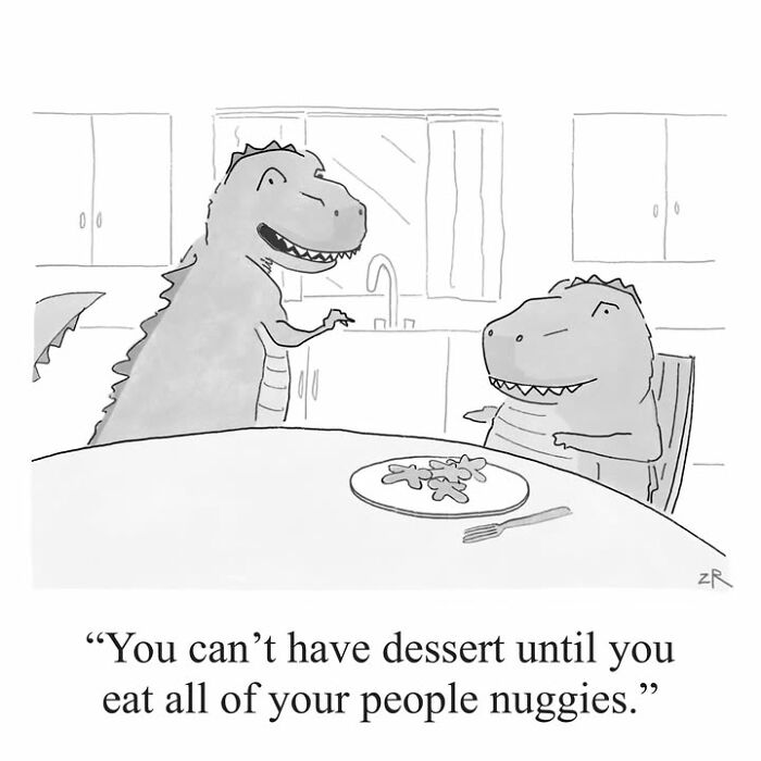 A comic of two dinosaurs at a table, with one telling the other they can't have dessert until they eat their people nuggies. Absurd comics.