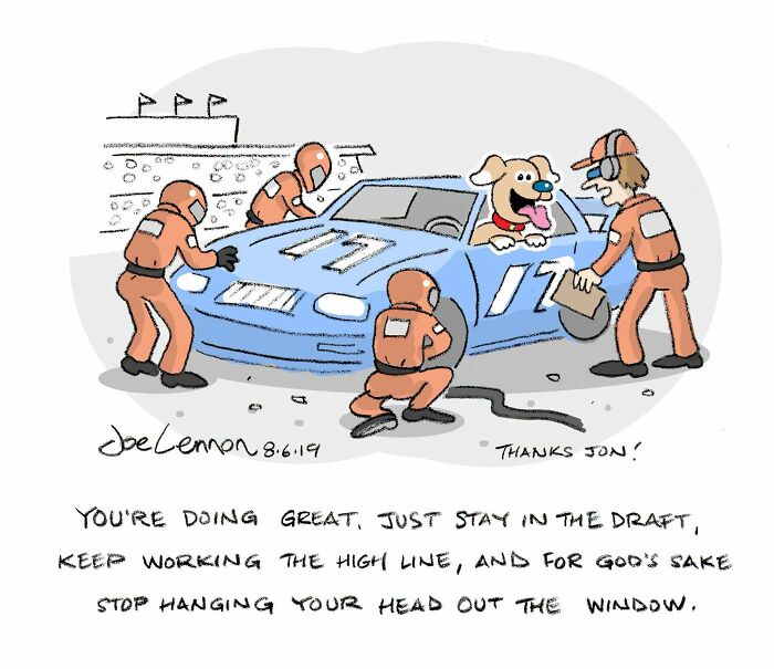 A Joe Lennon comic featuring a dog in a race car with a pit crew, an unexpected punchline.