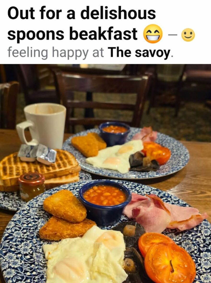 A breakfast photo caption containing grammar fails like delishous and beakfast.