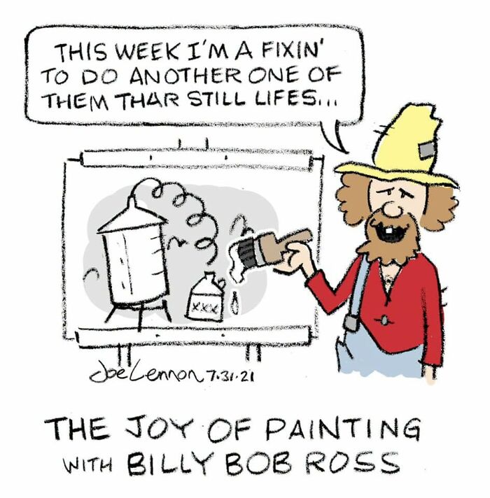 A Joe Lennon comic parodying Bob Ross, titled The Joy of Painting with Billy Bob Ross, delivering unexpected punchlines.