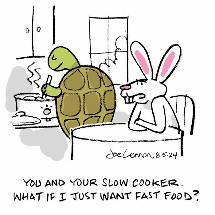 A Joe Lennon comic featuring a turtle cooking with a slow cooker and a rabbit waiting, illustrating awkward moments and unexpected punchlines.