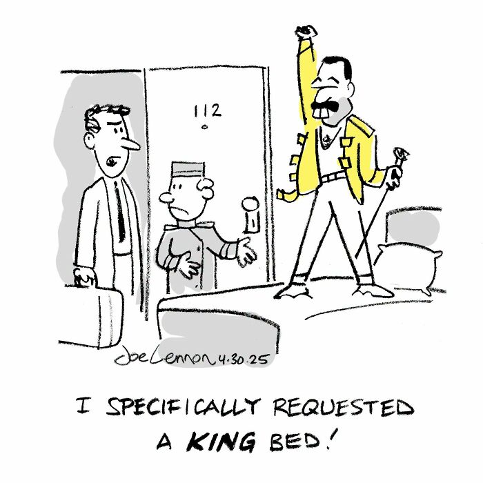 A Joe Lennon comic depicting a hotel guest requesting a king bed, only to find a Freddie Mercury-like figure, emphasizing awkward moments.