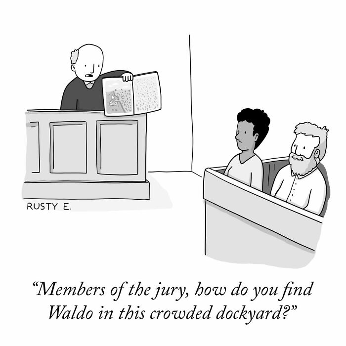 Hilarious one-panel comic of a judge presenting a Where is Waldo book to a jury in a courtroom setting.
