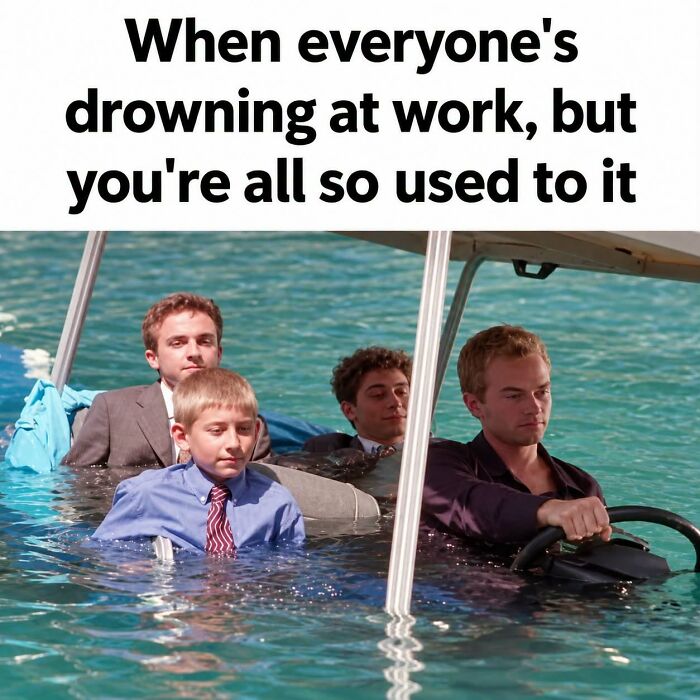 Group in sinking boat showing drowning at work humor meme