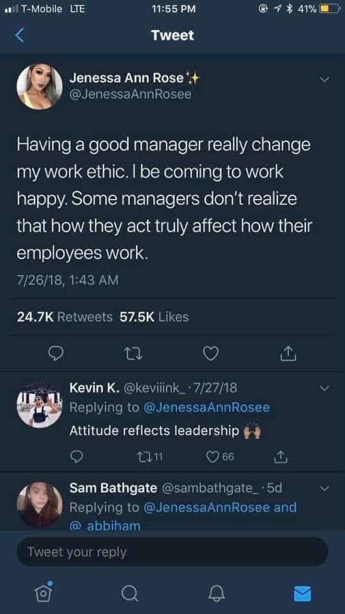 Tweet about how good managers improve work ethic and employee happiness