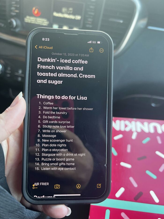 A thoughtful partner's phone displaying a sweet to-do list for Lisa, including coffee, massage, and date nights, proving they found the right man.