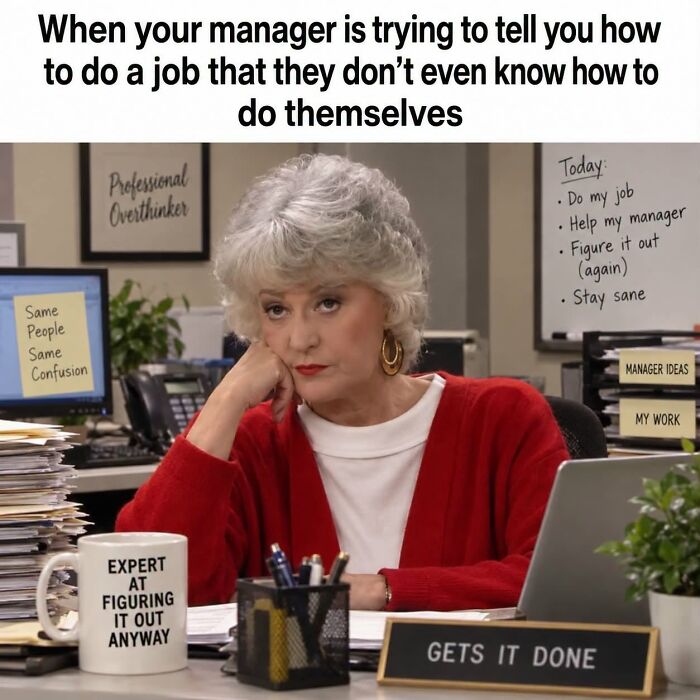 Woman annoyed with manager's unclear job instructions work meme