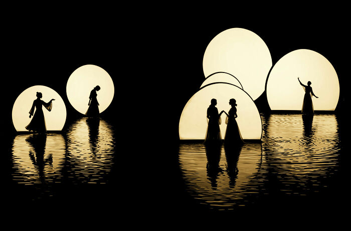 Bold minimalist architecture scene with silhouetted figures on a reflective surface.