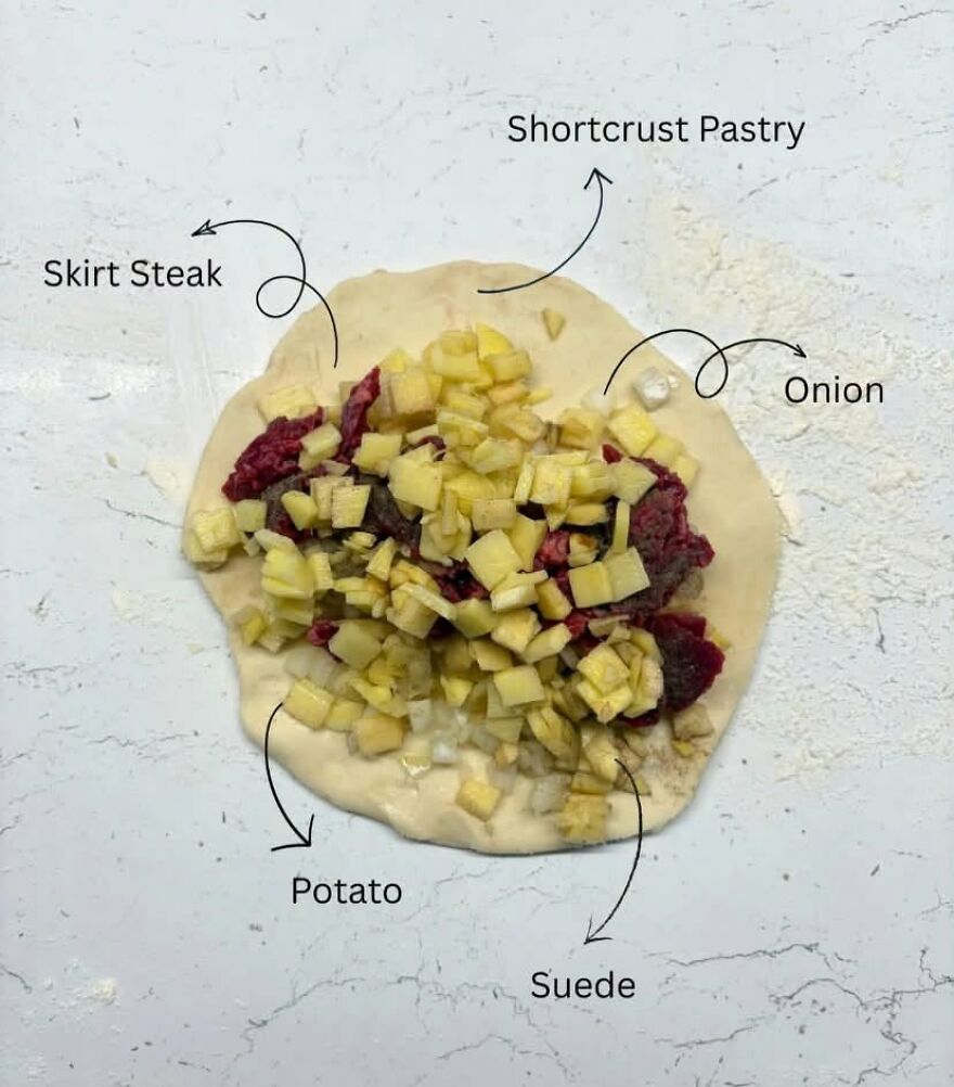 A pastry dough filled with raw ingredients labeled as suede instead of swede, illustrating grammar fails.