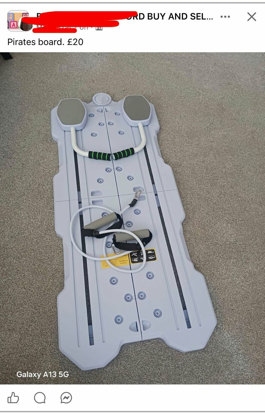 An online post selling a pilates board misspelled as pirates board, showing grammar fails