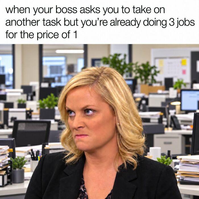 Funny work meme showing frustrated employee handling multiple jobs sarcastically