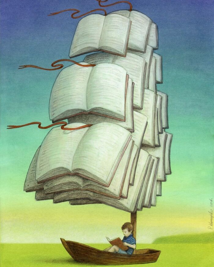 A boy sails in a boat with a sail made of books, a satirical illustration of modern society.
