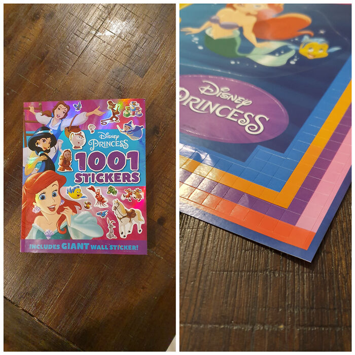 A Disney Princess sticker book showing a terrible product design with misaligned sticker pages