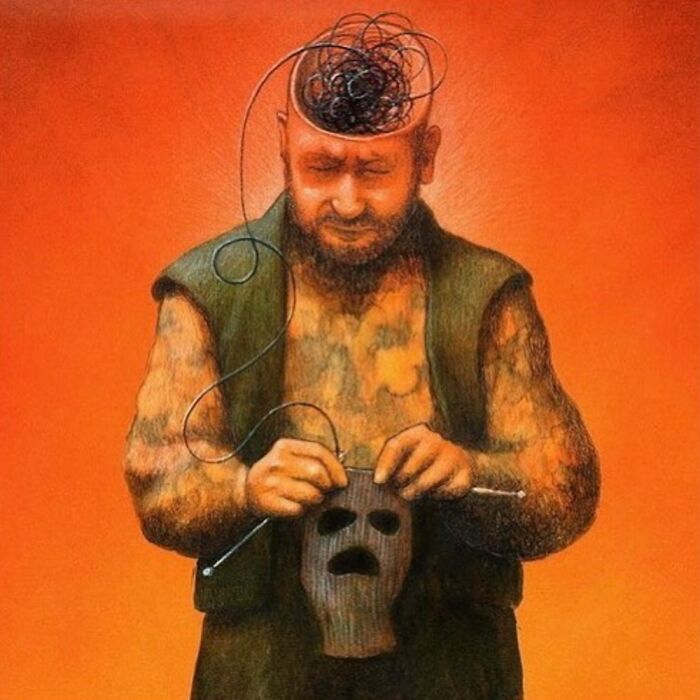 Satirical illustration of a man knitting a ski mask from his tangled brain, reflecting modern society's complex issues.