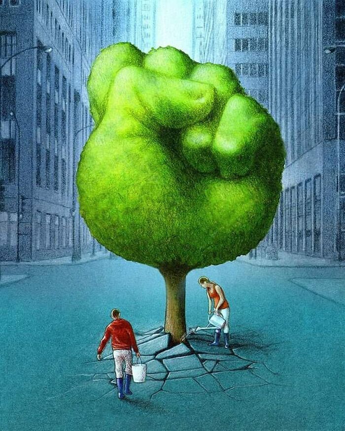 Satirical illustration of a tree shaped like a fist in a city, watered by people, representing modern society's struggle for nature.