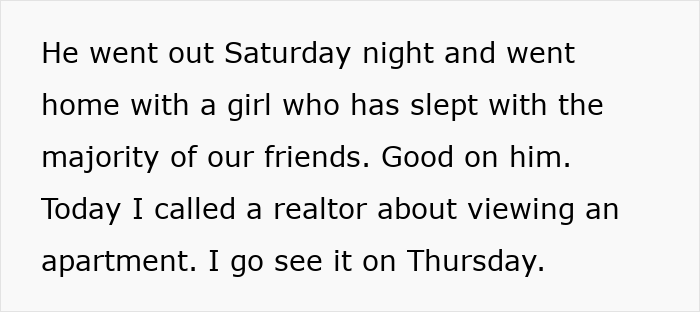 A social media text post discussing moving out from a jobless BF.