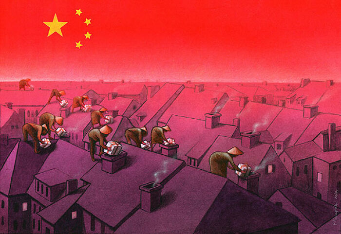 A satirical illustration of people working on rooftops under a Chinese flag, commenting on modern society's labor.