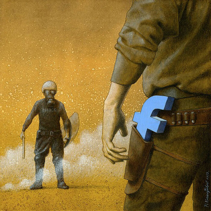 A satirical illustration contrasting a police officer in riot gear with a person holding a Facebook logo in a holster, reflecting society's issues.