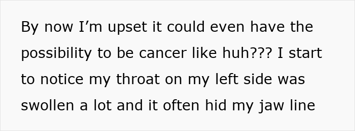 Text describing upset over possible rare cancer and swollen throat hiding jawline, related to altitude sickness and ears won't pop. Text describing upset over possible rare cancer and swollen throat hiding jawline, related to altitude sickness and ears won't pop.