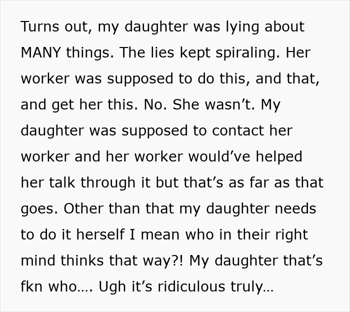 A screenshot of text about a daughter's lies concerning a toxic boyfriend and neglecting her child. A screenshot of text about a daughter's lies concerning a toxic boyfriend and neglecting her child.