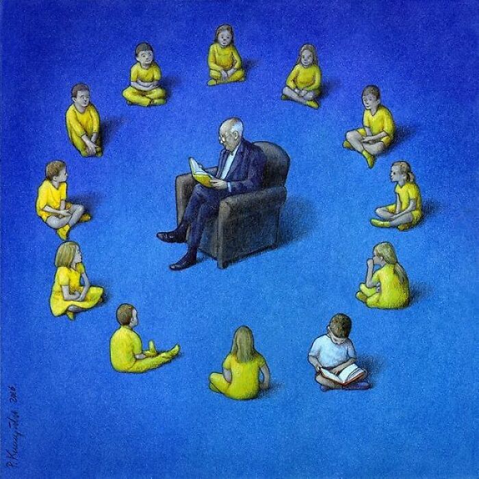 A satirical illustration of an older man reading to children sitting in a circle, highlighting a positive aspect of modern society.