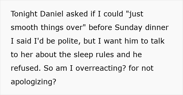 A Reddit post asking if she is overreacting about MIL to babysit rules and Sunday dinner conflict A Reddit post asking if she is overreacting about MIL to babysit rules and Sunday dinner conflict