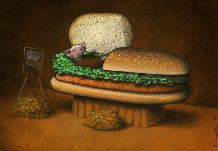 Satirical illustration depicting a pig in a burger bun coffin, highlighting modern society's issues.