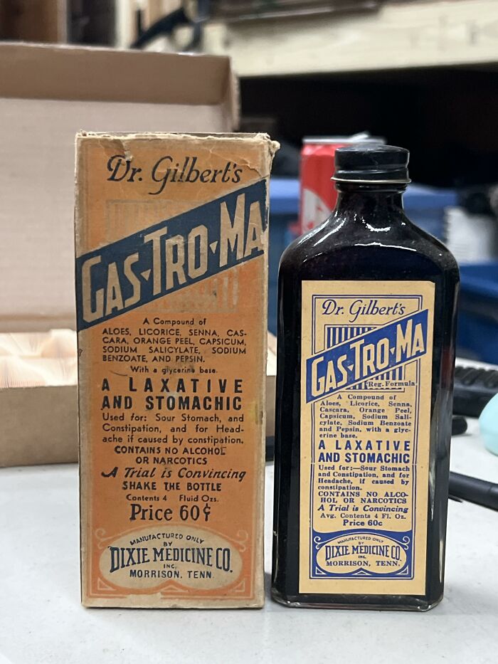 Antique bottle and box of Dr. Gilbert's Gas-Tro-Ma laxative from medical history.