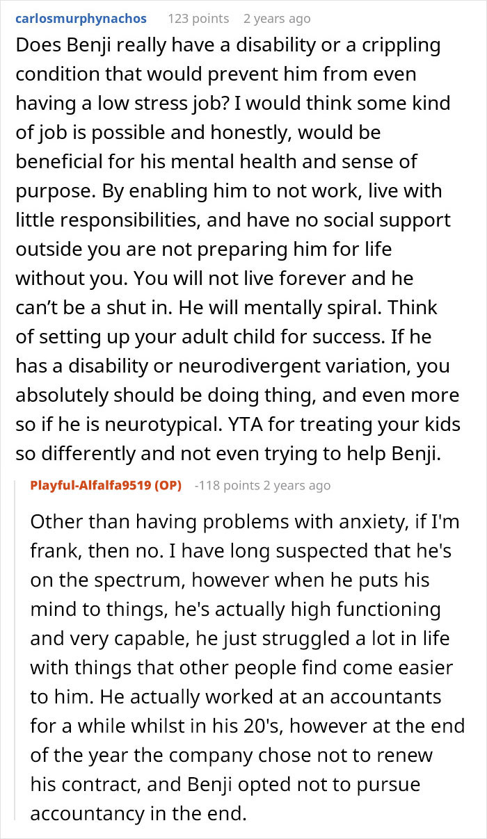A comment questioning Benji's disability and how inheritance decisions affect a son's future success. A comment questioning Benji's disability and how inheritance decisions affect a son's future success.