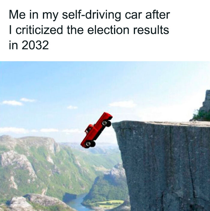 A red toy truck driving off a cliff, representing a meme about self-driving cars and critical opinions, revealing delusions of adequacy.