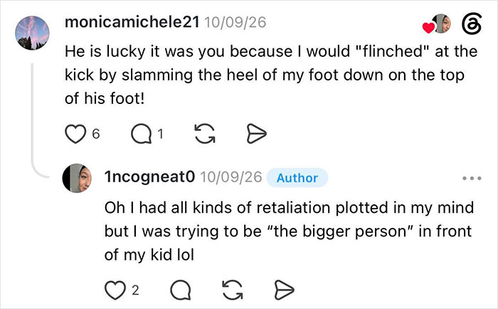 A screenshot of comments about retaliation after a woman was kicked under her seat by an entitled man.