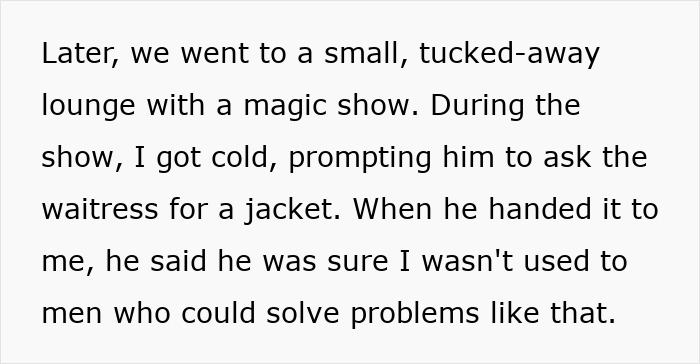 A screenshot of a text detailing a strange story about a woman's first date. A screenshot of a text detailing a strange story about a woman's first date.