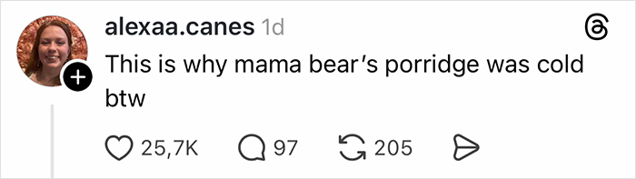 Comment explaining why mama bear's porridge was cold