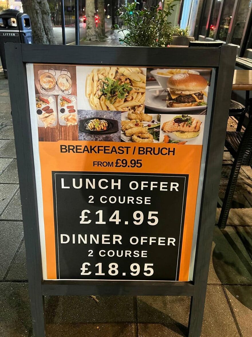 A restaurant menu sign on the street with grammar fails spelling breakfast and brunch wrong.