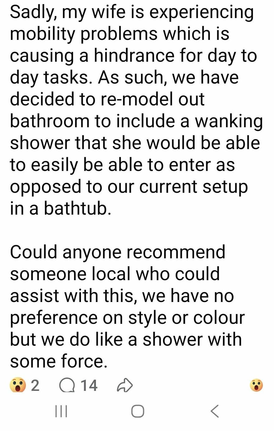 Screenshot of a post with grammar fails using an inappropriate word instead of walk-in shower.